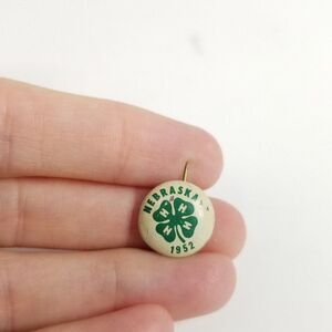 Vintage 1952 Nebraska 4H Club White Green Enamel Lapel Pin Brooch, Estate
